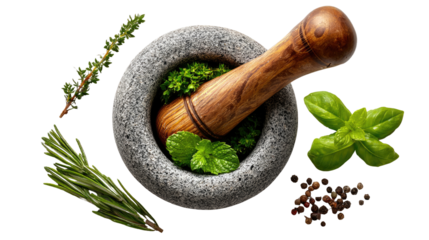 Culinary Preparation: A rustic stone mortar and pestle sit surrounded by a vibrant array of fresh herbs and spices. The image shows the essence of natural culinary preparation.