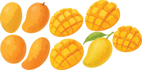 Hand-Painted Watercolor Mango Fruit Collection Whole and Sliced Tropical Fruit Isolated on Transparent Background for Packaging, Labeling, and Culinary Design | Generative AI