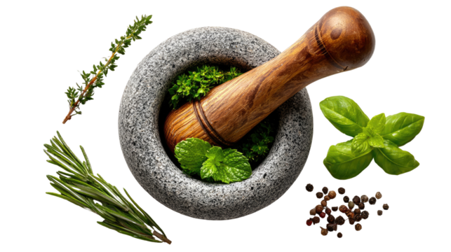 Culinary Preparation: A rustic stone mortar and pestle sit surrounded by a vibrant array of fresh herbs and spices. The image shows the essence of natural culinary preparation.