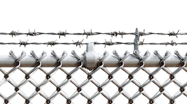 Barbed Wire Security: A stark, photorealistic image of a security fence, topped with menacing barbed wire. It speaks of boundaries, protection, and the concept of enclosure.