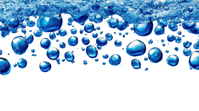 Bubbles of Wonder: a mesmerizing cascade of pristine, azure bubbles rise, reflecting light and creating a dynamic, ethereal ambiance. Perfect for illustrating purity, freshness.