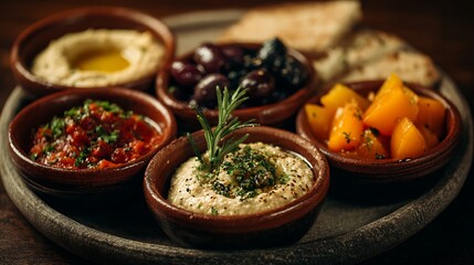 Mixed mezze features dips, olives, and vegetables.