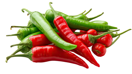 Vibrant Chili Peppers: A captivating display of fiery red and verdant green chili peppers, showcasing their rich colors and varied textures in a photorealistic composition.