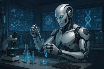 Advanced humanoid robot with artificial intelligence conducting scientific research in laboratory setting