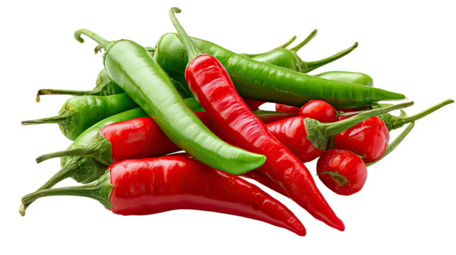 Vibrant Chili Peppers: A captivating display of fiery red and verdant green chili peppers, showcasing their rich colors and varied textures in a photorealistic composition.