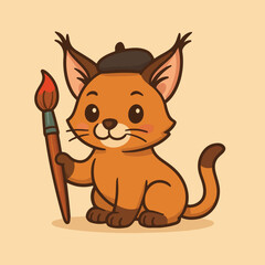 Creative Cat with Paintbrush: A charming cartoon cat, adorned with an artist's beret, proudly holds a paintbrush, showcasing its creative spirit and artistic flair.