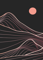 Creative minimalist modern line art print. Abstract mountain contemporary aesthetic backgrounds landscapes. with mountain, forest, sea, skyline, wave