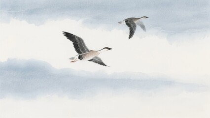 Obraz premium Two Geese in Flight Against a Cloudy Sky