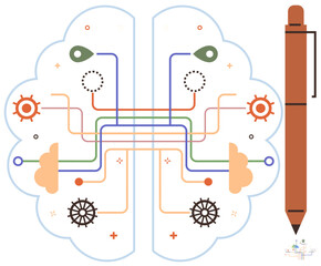 Brain outline featuring gears, pathways, and connectors with a pen on the side. Ideal for creativity, problem-solving, innovation, technology, idea generation, design processes simple flat metaphor