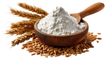 Flour and Wheat: A macro shot showcases a wooden bowl brimming with fine flour, accompanied by wheat grains and stalks, symbolizing the cornerstone of baking and culinary artistry.