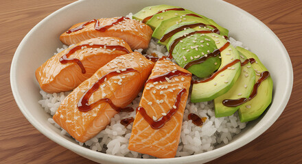 Healthy rice bowl with sliced salmon, avocado, and sesame soy glaze, modern Japanese cuisine.