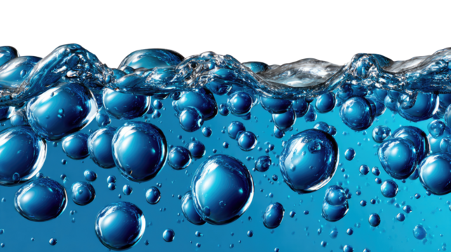 Bubbles Rising in Blue Liquid: Captivating capture of underwater bubbles rising in a clear blue liquid, demonstrating the principles of physics and the beauty of liquid dynamics.