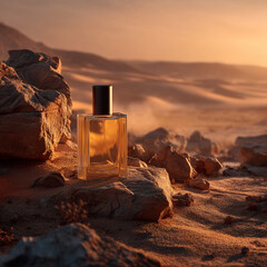 The Serene Desert Landscape Designed to Showcase a Perfume Presentation. Podium Display Concept