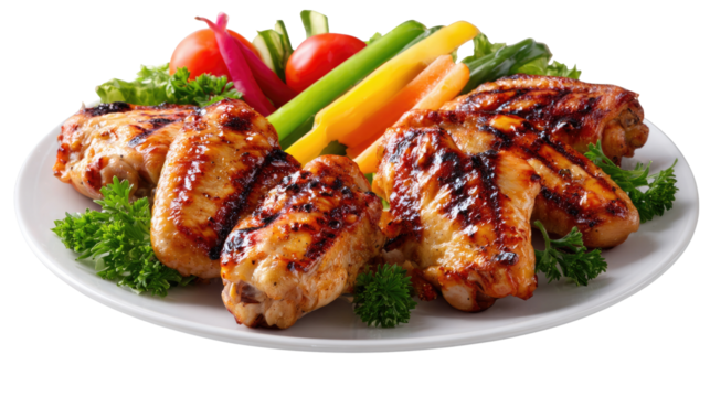 Grilled Chicken Wings Delight: A culinary masterpiece featuring succulent grilled chicken wings, artistically arranged with vibrant vegetables on a pristine plate, celebrating the joy of good food.