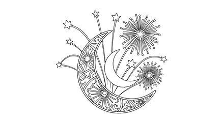 Ornate crescent moon with stars and fireworks isolated on transparent background