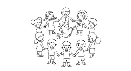 Diverse children holding hands in a circle around a dove of peace isolated on transparent background