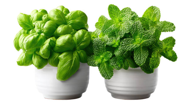 Aromatic Herbs: Two vibrant bowls of basil and mint, showcasing the fresh green leaves, embodying the essence of culinary and herbal delights.