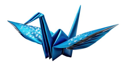 Paper Crane of Serenity: An elegant, expertly crafted paper crane, captured in a close-up shot. The vibrant blue of the paper and the crisp lines define a feeling of peace and mindfulness.