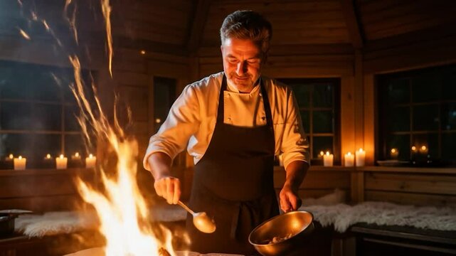 Chef stirs pot over open fire in rustic wooden cabin illuminated by candlelight