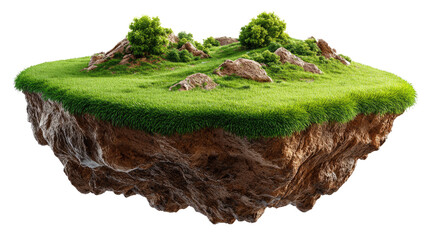 Island of Tranquility: A serene floating island covered in vibrant green grass, dotted with small boulders and lush bushes. This tranquil scene evokes a sense of peace and isolation.