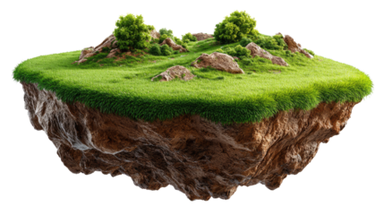 Island of Tranquility: A serene floating island covered in vibrant green grass, dotted with small boulders and lush bushes. This tranquil scene evokes a sense of peace and isolation.