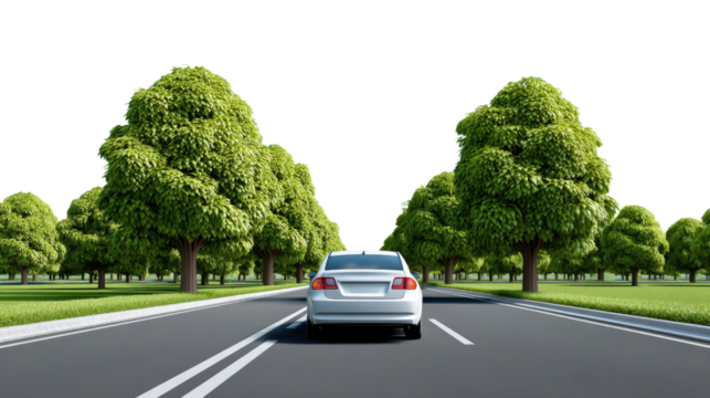 Road to Destination: A sleek, modern car speeds along a pristine road, bordered by lush, vibrant trees, evoking a sense of freedom, journey, and the open road.