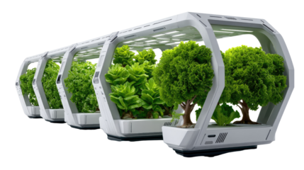 Innovative Ecosystem: A modern, futuristic structure showcasing a unique approach to plant cultivation, where verdant trees and plants thrive in a controlled environment.