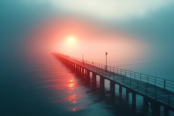 Obraz premium cinematic view of a foggy pier stretching into an endless ocean with muted dawn colors