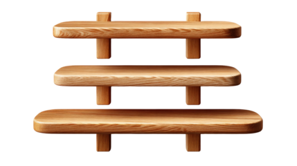 Wooden Shelves Display: An eye-level shot of three wooden shelves against a surface, emphasizing their simple design and potential for various display purposes.