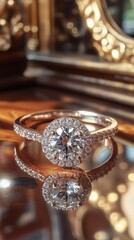 Sparkling diamond halo engagement ring on a reflective surface.