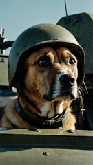 Military Dog in Armored Vehicle Wearing Tactical Helmet