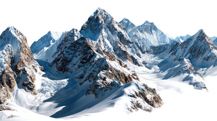 Snow-Capped Peaks: Jagged mountain peaks covered in glistening snow stand tall against clear background, evoking a sense of adventure and awe in the majestic natural landscape.