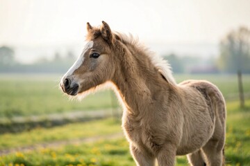 Obraz premium Young horse or foal standing in a blurry green field 
