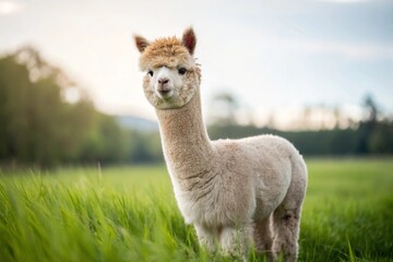 Fototapeta premium Curious alpaca with soft fleece in a green grassy field 