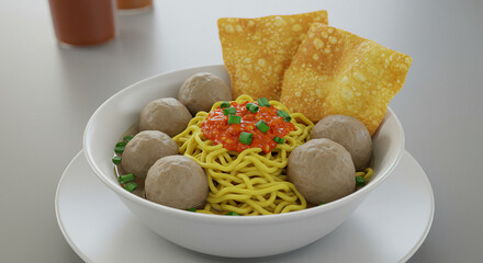 Delicious bowl of Indonesian noodles with bakso meatballs, pangsit crackers, and vegetables.