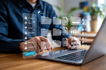 Futuristic Digital File Management Interface – Augmented Reality Folders Above Laptop on Wooden Desk