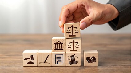 Hand stacking wooden blocks with legal symbols representing justice and law