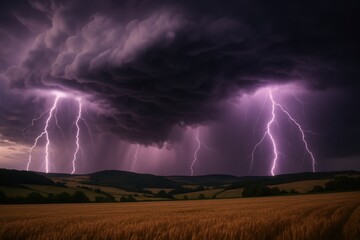 Dramatic Thunderstorm Approaching Over Rural Landscape with Powerful Lightning Strikes