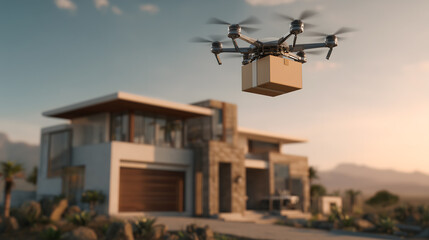 Drone delivering package to modern house, showcasing advanced technology and convenience in serene environment