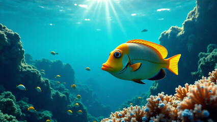 Naklejka premium A vibrant, diverse array of marine wildlife flourishing in a crystal-clear, healthy ocean. Focus on the beauty and interconnectedness of the creatures. High-quality, photorealistic style.