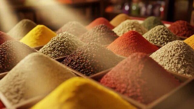 Colorful Spice Market Display: A Vibrant Video Frame of Culinary Delights