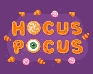Hocus Pocus. Halloween greeting card, orange halloween gingerbreads on a purple background. Halloween sweets, corn candies, eye shaped cookie, letter shaped cookies.