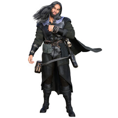 Fototapeta premium 3D rendered illustration of a Dark-haired male fantasy male character in black leather armor, isolated on transparent background