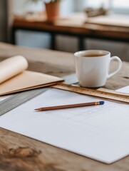 Cozy workspace featuring sketches, a coffee cup, and a plant on a wooden table
