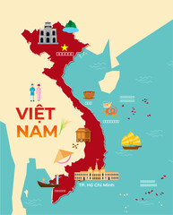 Vietnam map with cultural symbols and heritage icons vector illustration

