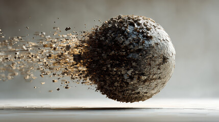 Image depicts spherical object composed of numerous small cubes, with some cubes breaking away and dispersing into air, creating dynamic