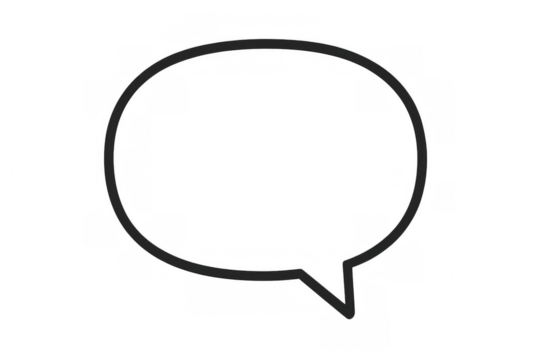 Black outline of a classic speech bubble symbol is displayed on a transparent background, representing communication and messaging