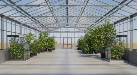 Modern Glass Greenhouse Interior With Rows of Healthy Green Plants Growing