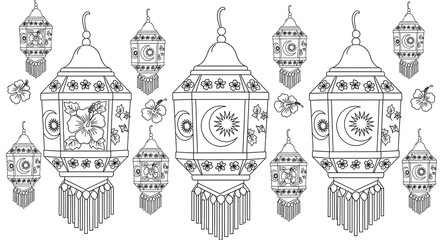 Decorative ramadan lanterns with crescent moon and floral designs isolated on transparent background