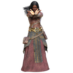 3D rendered mystical warrior with tribal accessories and flowing black hair, isolated on transparent background